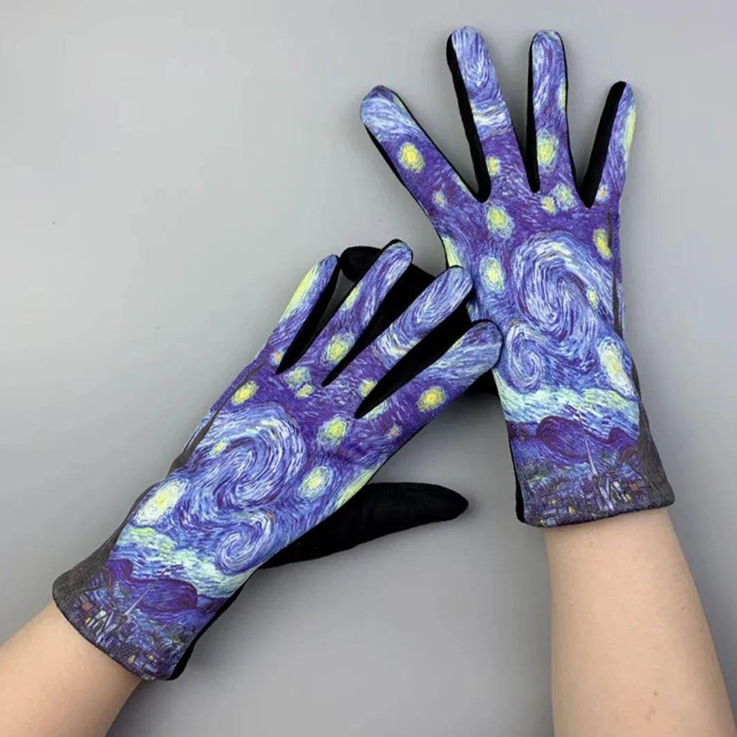 Рукавички жіночі теплі з художнім принтом Зоряна ніч (00009)