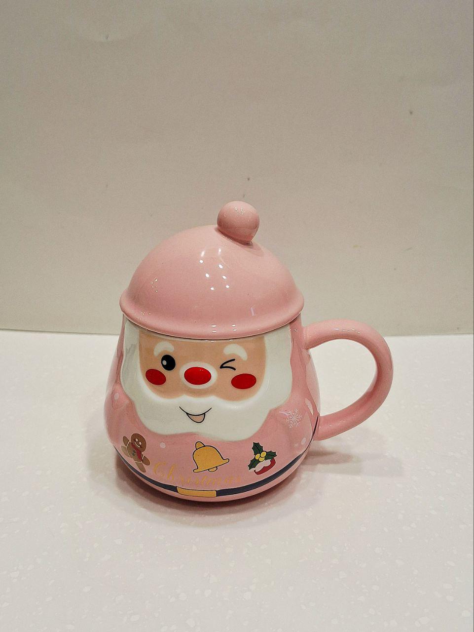 Кружка керамическая Рождественский Помпон с крышкой 350 мл Розовый (760)