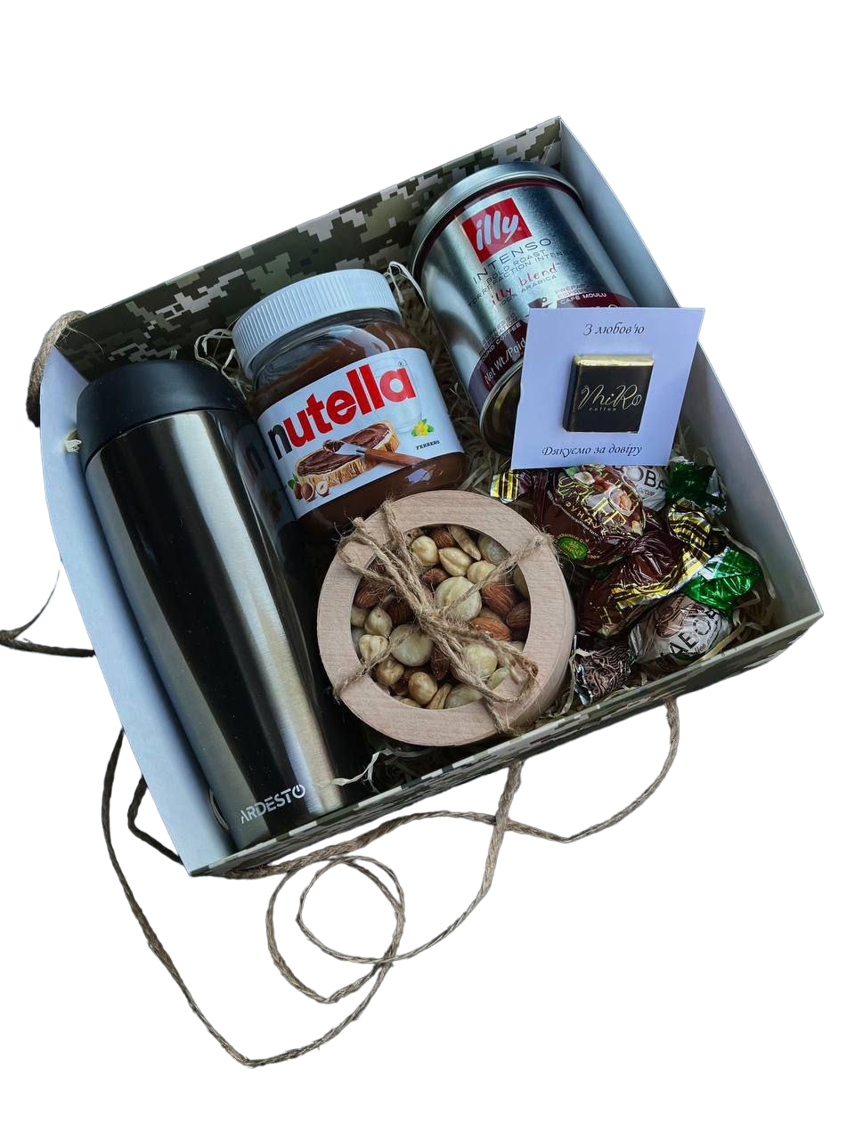 Подарунковий набір кава мелена illy Classico 100% Арабіка 125 г/з/б Nutella/мікс горіхів/термокухоль