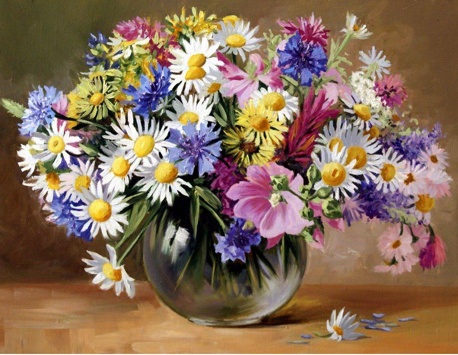 Алмазная мозаика My Art Васильки и ромашки на подрамнике квадратные алмазы 40х50 см (ТН707)