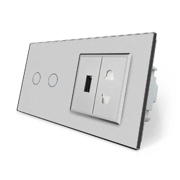 Выключатель сенсорный проходной Livolo 2 сенсора 1 розетка 1 USB стеклянный Серый (VL-C702SZ/C7USBC1A-15)