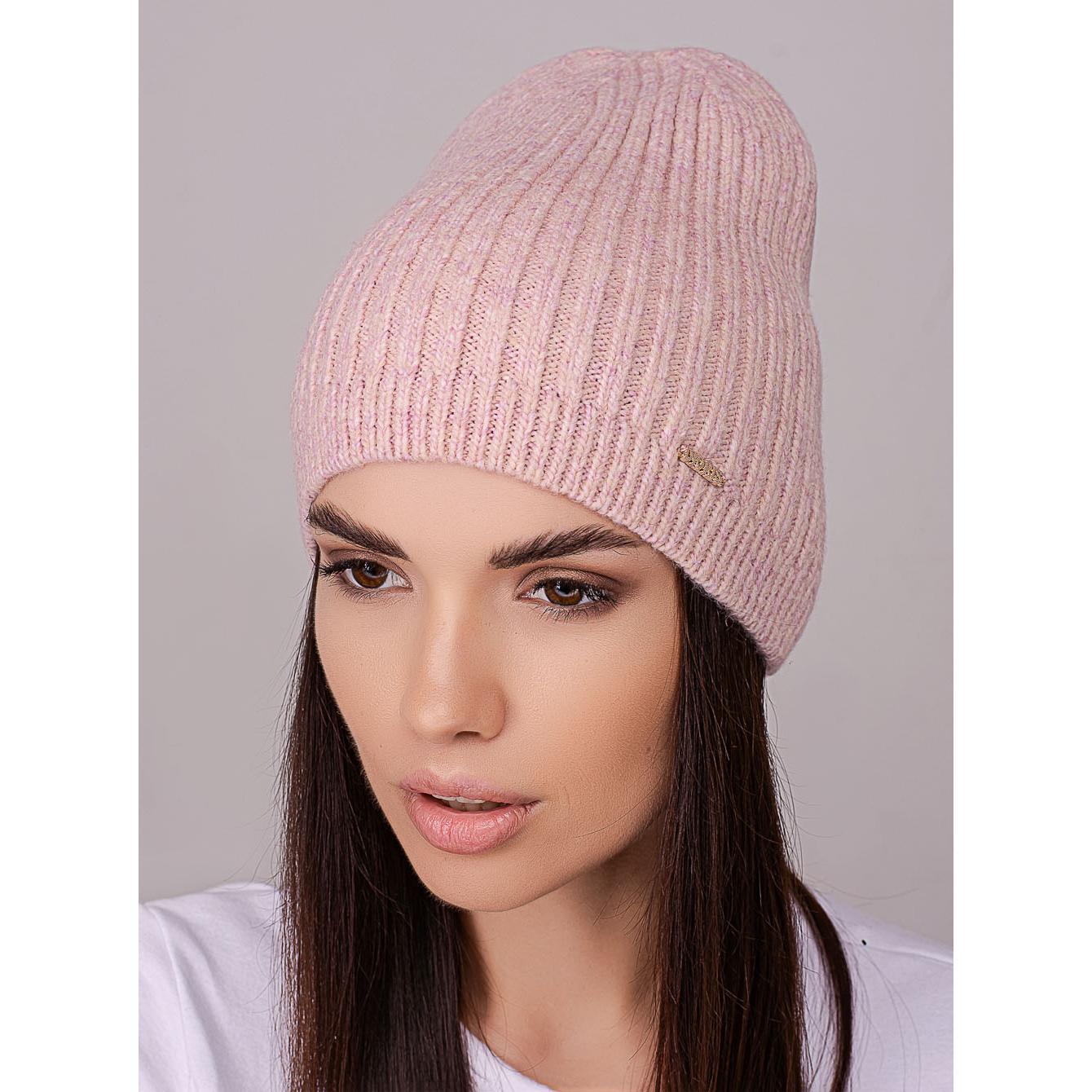 Шапка женская Leks ФЛЕШ удлиненная без отворота одинарная с небольшим вязаным манжетом one size Пудровый меланж (258327) - фото 1