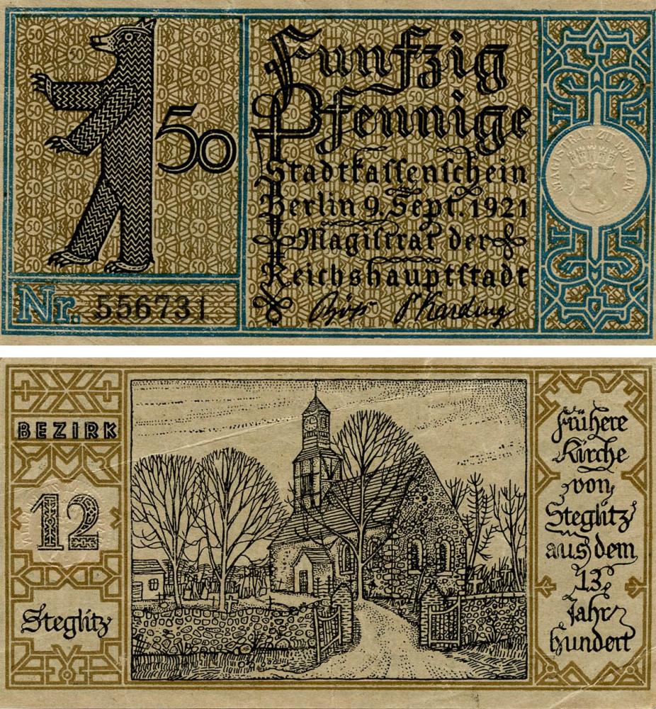 Коллекционная банкнота Германия Нотгельд 50 пфеннигов 1921 F-VF Берлин Разновидность 8 (Б18841)
