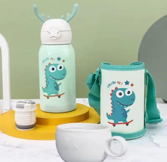 Дитячий термос Діно з нержавіючої сталі з трубочкою ріжками та сумкою-чохлом 500 мл Бірюзовий