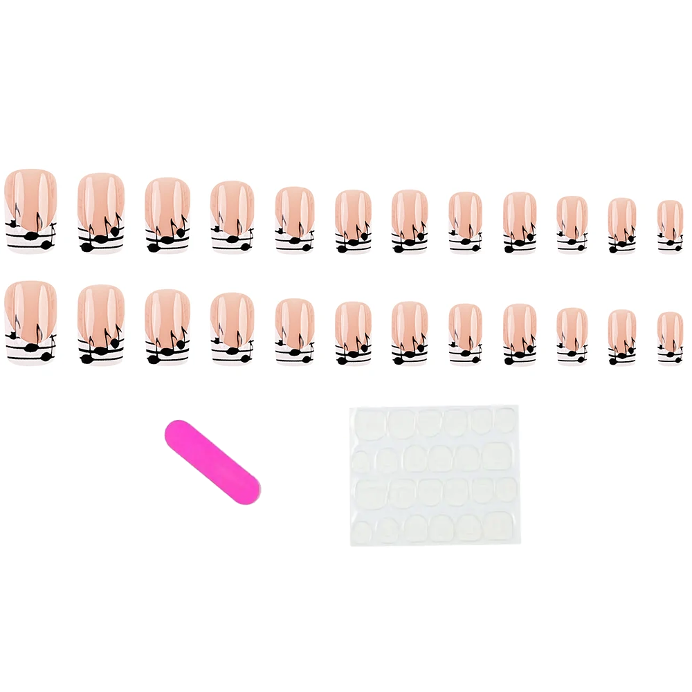 Ногти накладные френч Ноты трапеция средней длины с клеевыми стиками 24 шт. Белый с черным (3000003755)