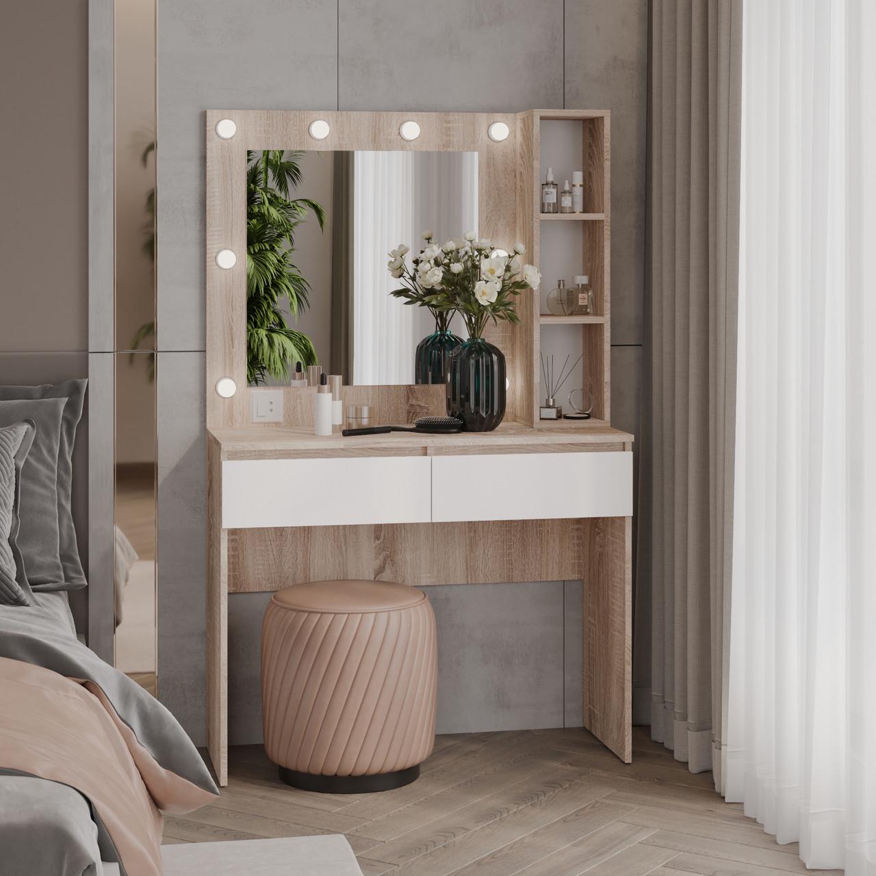 Туалетний столик New and Classic із квадратним дзеркалом 1600х1000х400 мм Дуб сонома/Білий (ТЗ-Лайт 2-14)