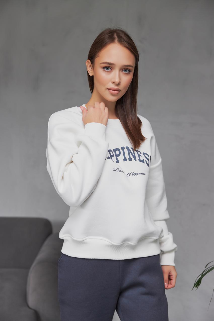 Свитшот женский Happiness М132.4/1 начес L Кремовый/Синий (597-1-62)