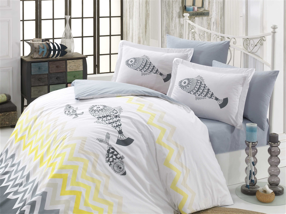 Комплект постільної білизни Hobby Poplin Ocean 200х220 см/50х70 см 2 шт. Сіро-жовтий