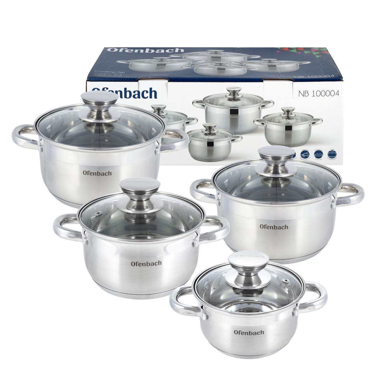 Набор посуды со стеклянными термостойкими крышками Ofenbach КМ-100004 из нержавеющей стали из 8 предметов Стальной (150-84-100004)