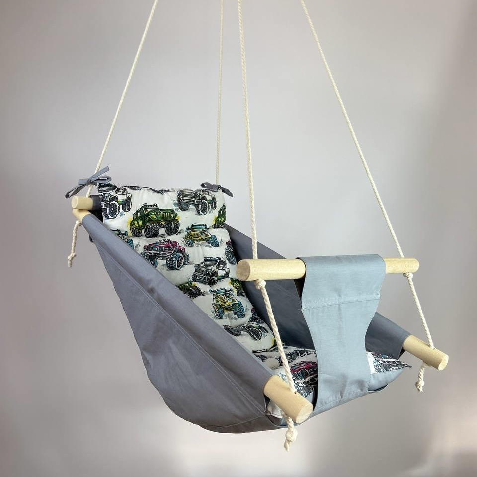 Детские качели подвесные хлопковые Колыбелька с машинками Светло-серый (gs-8727)