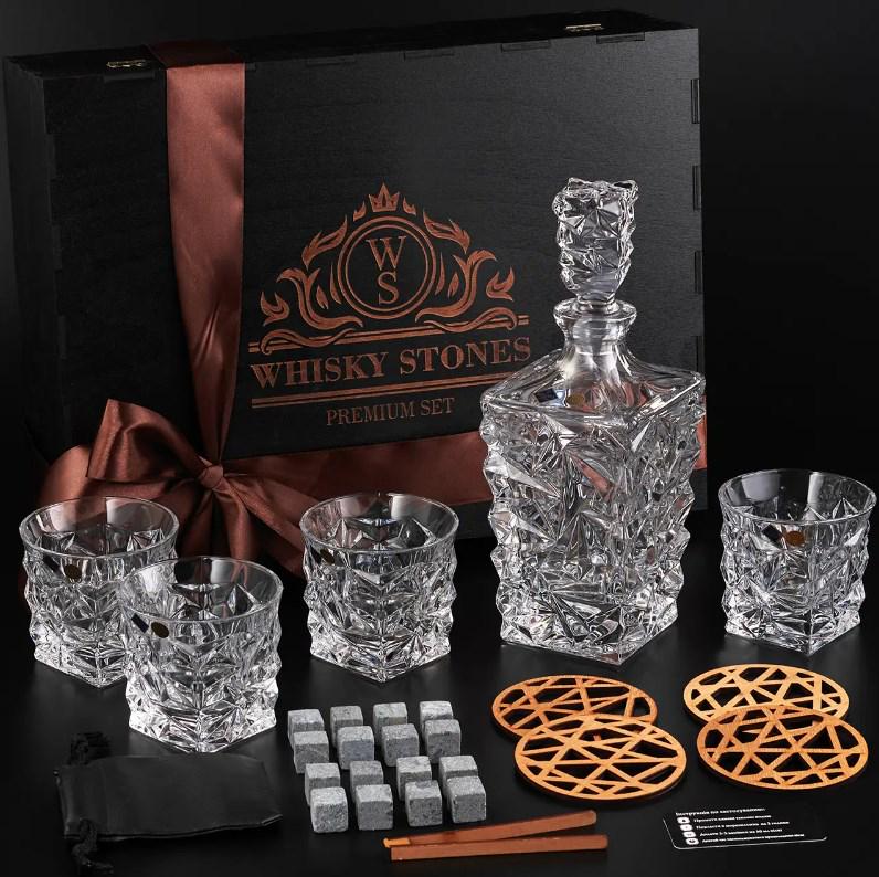 Подарочный набор для алкоголя камни для виски Whiskey Stones 16 шт./4 хрустальных стакана Bohemia Glacier 350 мл и графин 900 мл - фото 2