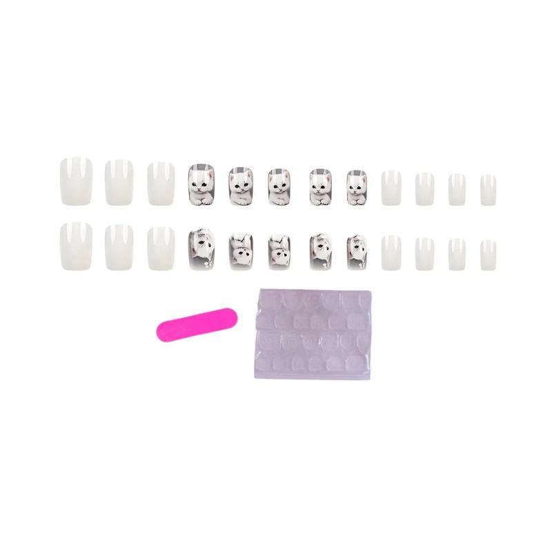 Набір накладних нігтів з дизайном Котики з клейовими пластинами 24 шт. Білий із сірим (2743174640)