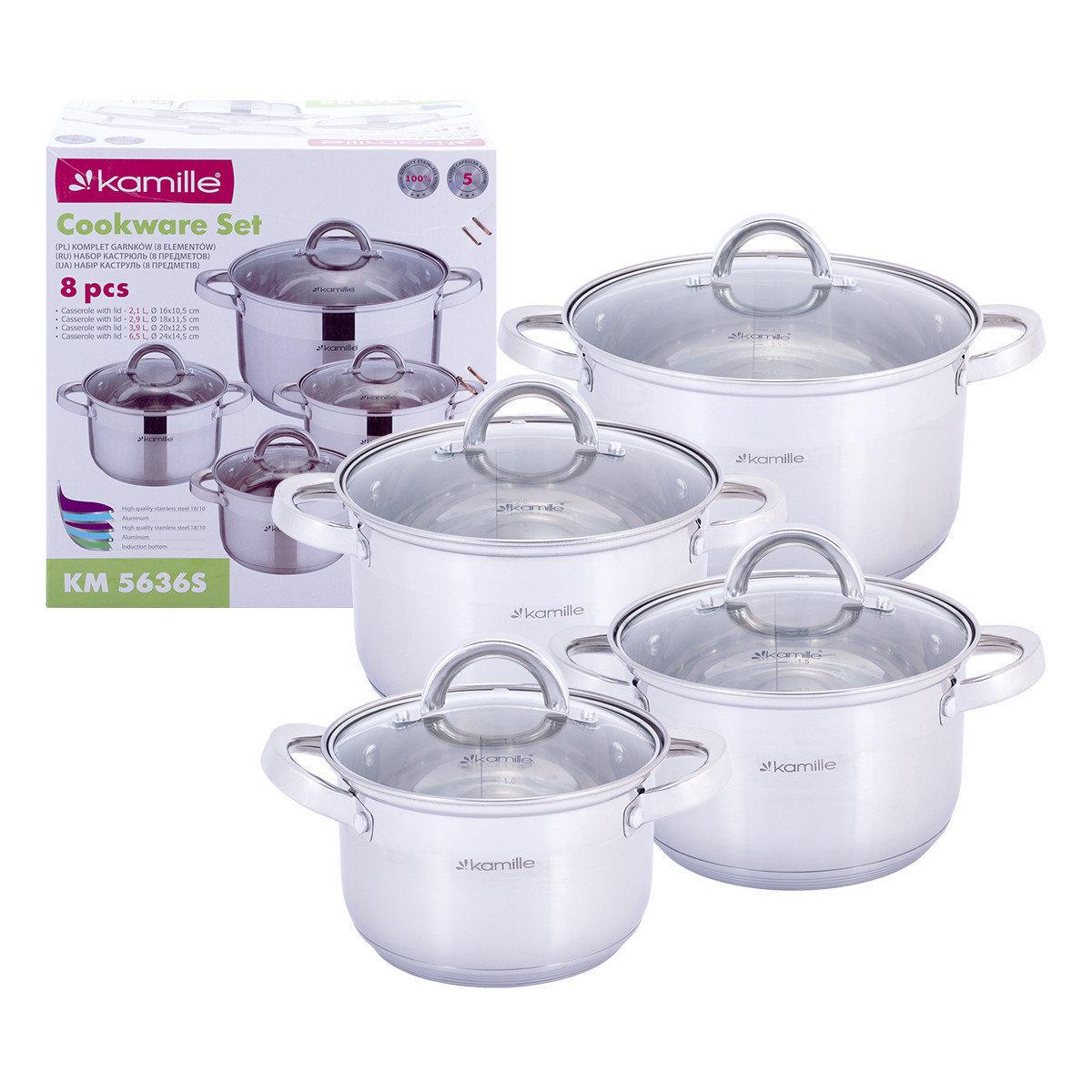 Набор кастрюль Kamille из нержавеющей стали 8 предметов для индукции и газа (5636S)