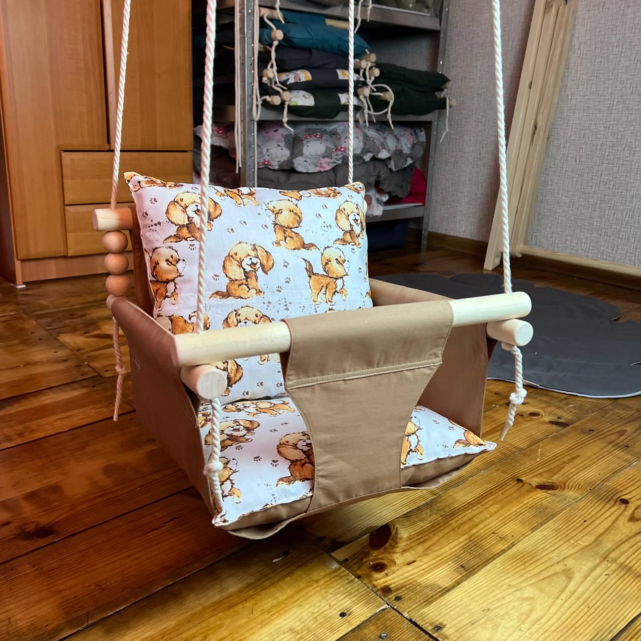 Дитяча гойдалка підвісна з бавовни Стандарт з собачками Світло-коричневий (gs-8401)