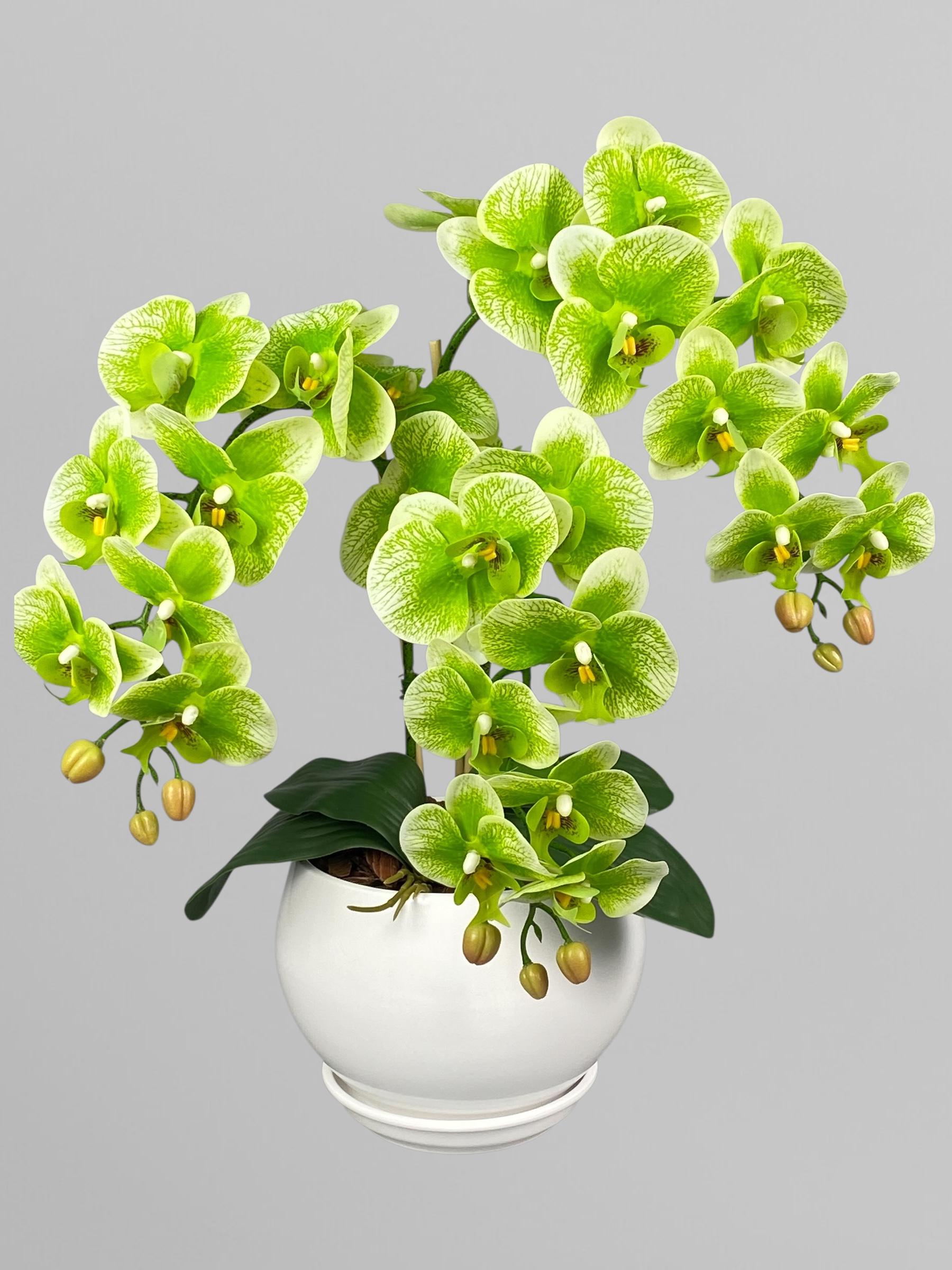 Композиция из искусственных орхидей на 3 веточки в белом керамическом кашпо 60 см Салатовый (А263)