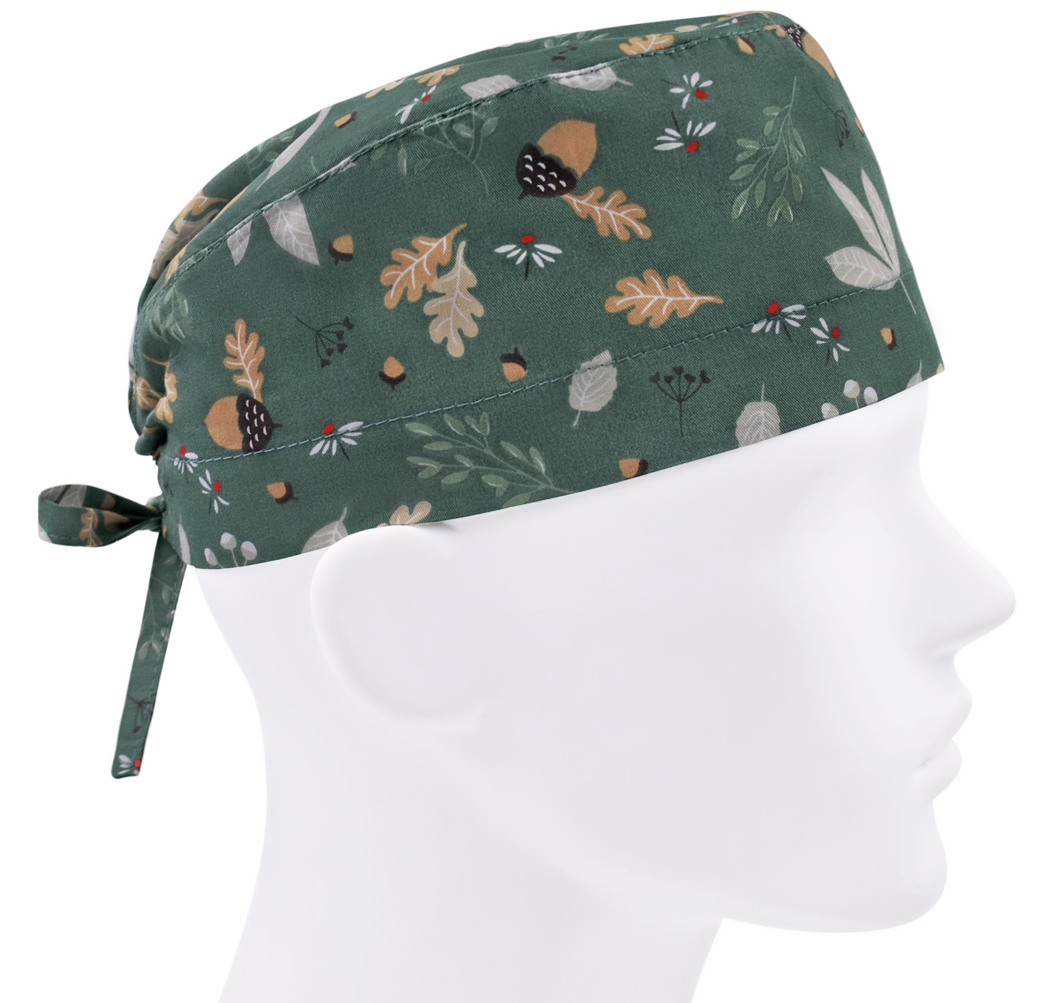 Шапочка медицинская мужская FloralScrubs Желуди на зеленом универсальная (М047)