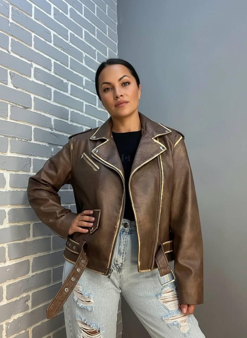 Куртка жіноча Aftf Basic 2456 косуха блискавки пояс варені шви екошкіра S Коричневий (2493)