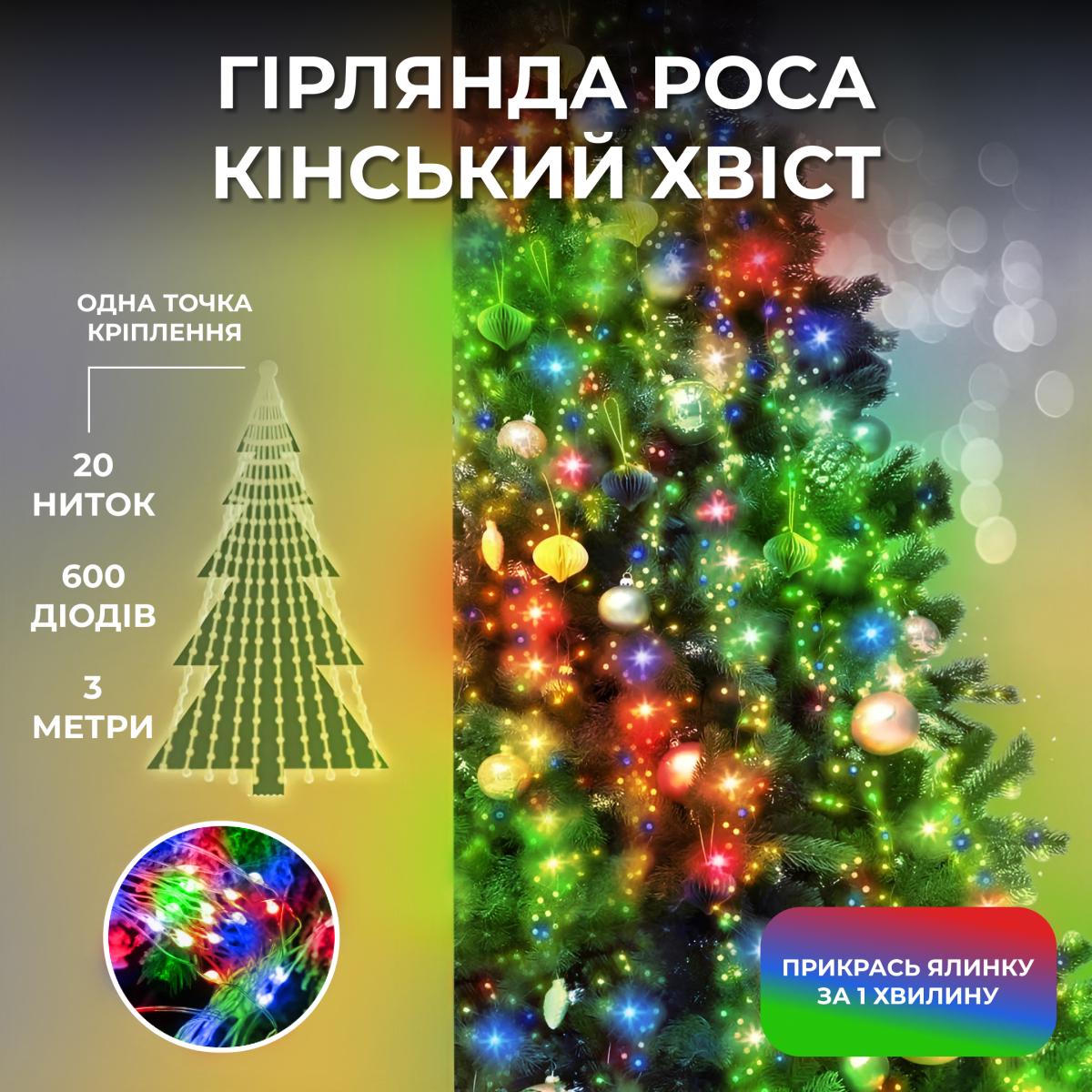 Гірлянда GarlandoPro Роса Кінський хвіст 600 LED 20 ниток 3 м 8 режимів Різнокольоровий (123-107-1733013ML) - фото 4