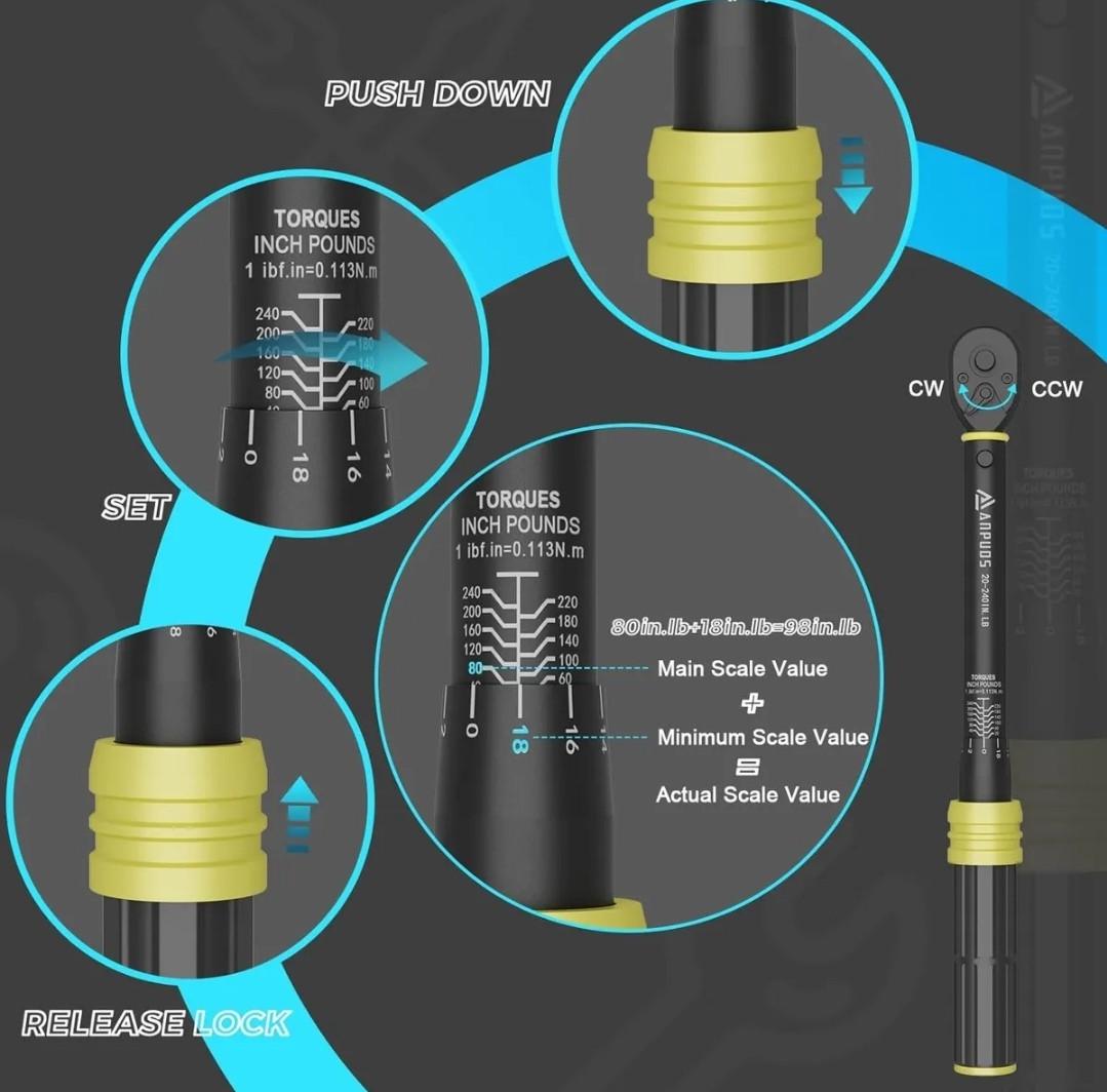 Динамометрический ключ Anpuds 1/4 20-240 in/lb точный профессиональный для ремонта авто 21 шт. - фото 6 Динамометрический ключ Anpuds 1/4 20-240 in/lb точный профессиональный для ремонта авто 21 шт. - фото 6
