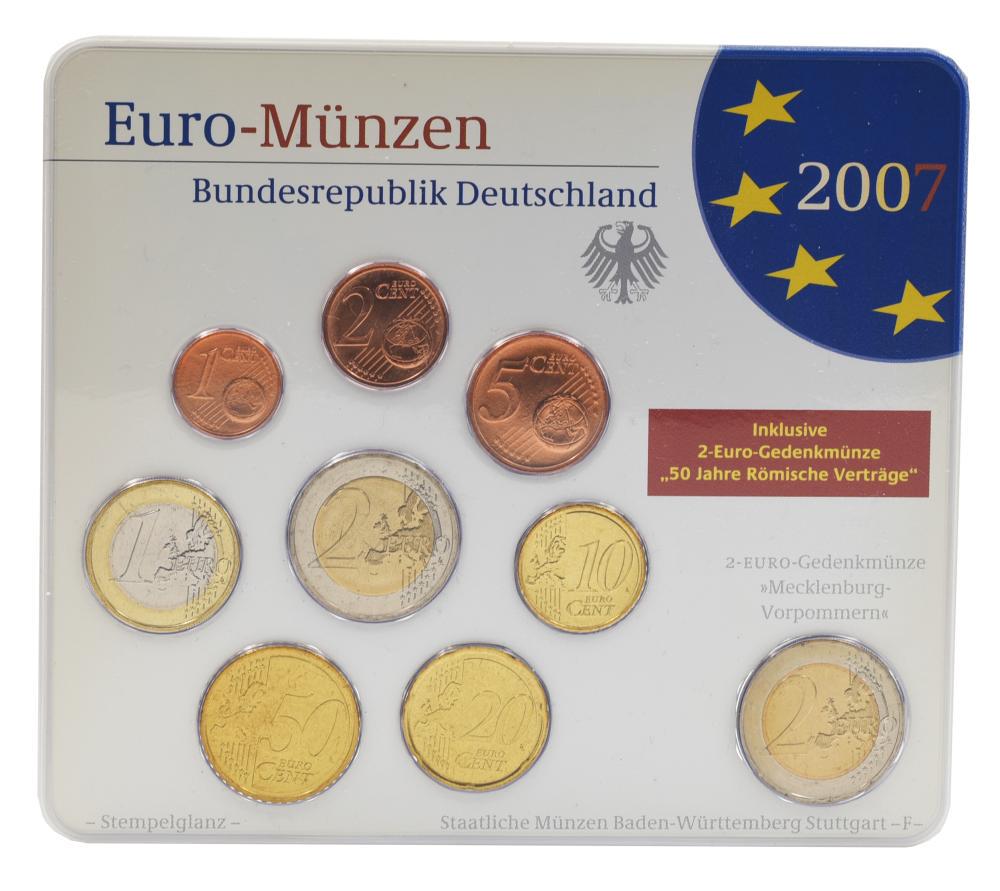 Коллекционные монеты Германия набор из 9 монет евро 2007 UNC F 1/2/5/10/20/50 евроцентов 1/2 евро/памятная 2 евро Блистер (М23505)