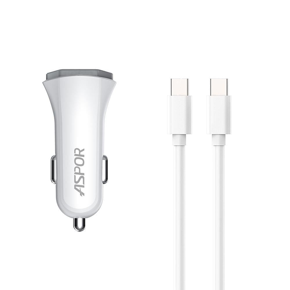 Автомобільний зарядний пристрій Aspor A906 PD USB-C/3A/20W та кабель Type-C – Type-C Білий (920045)