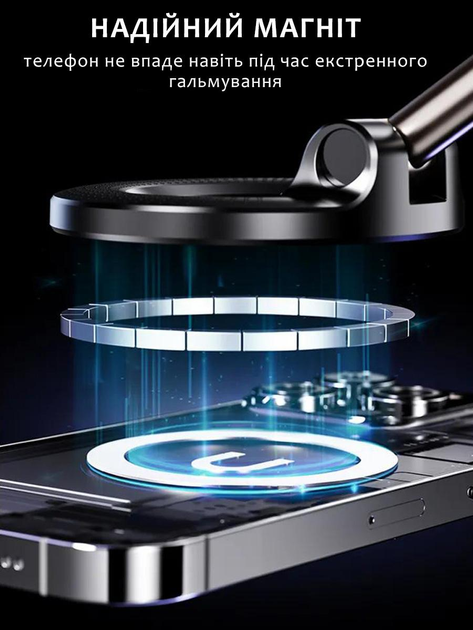 Тримач телефону автомобільний MahnetIc MagSafe з магнітним кільцем вакуумний та поворот 360° Чорний - фото 10
