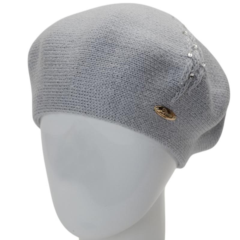 Берет женский осенний двойной Lirus Ожерелье с узором и стразами Серо-голубой