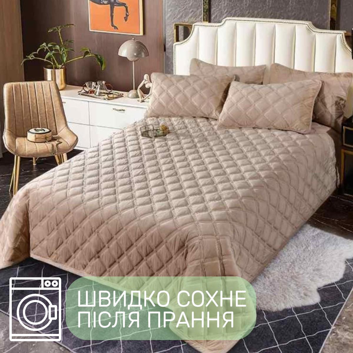 Покривало велюрове стьобане Koloco Ромб полуторне 160х210 см Бежевий (41851) - фото 4