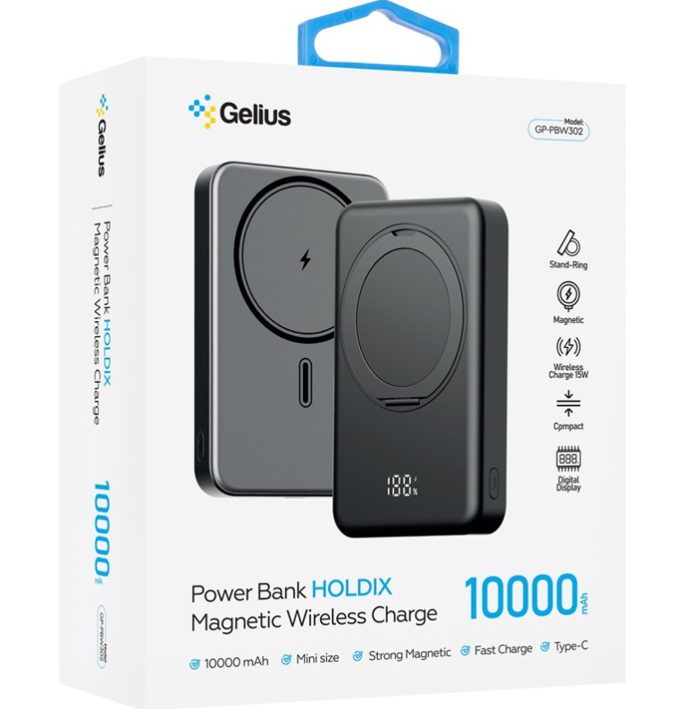 Повербанк с беспроводной зарядкой Gelius HOLDIX GP-PBW302 Magnetic Wireless Charge 15W 10000 mAh Black (2771247107) - фото 6 Повербанк с беспроводной зарядкой Gelius HOLDIX GP-PBW302 Magnetic Wireless Charge 15W 10000 mAh Black (2771247107) - фото 6