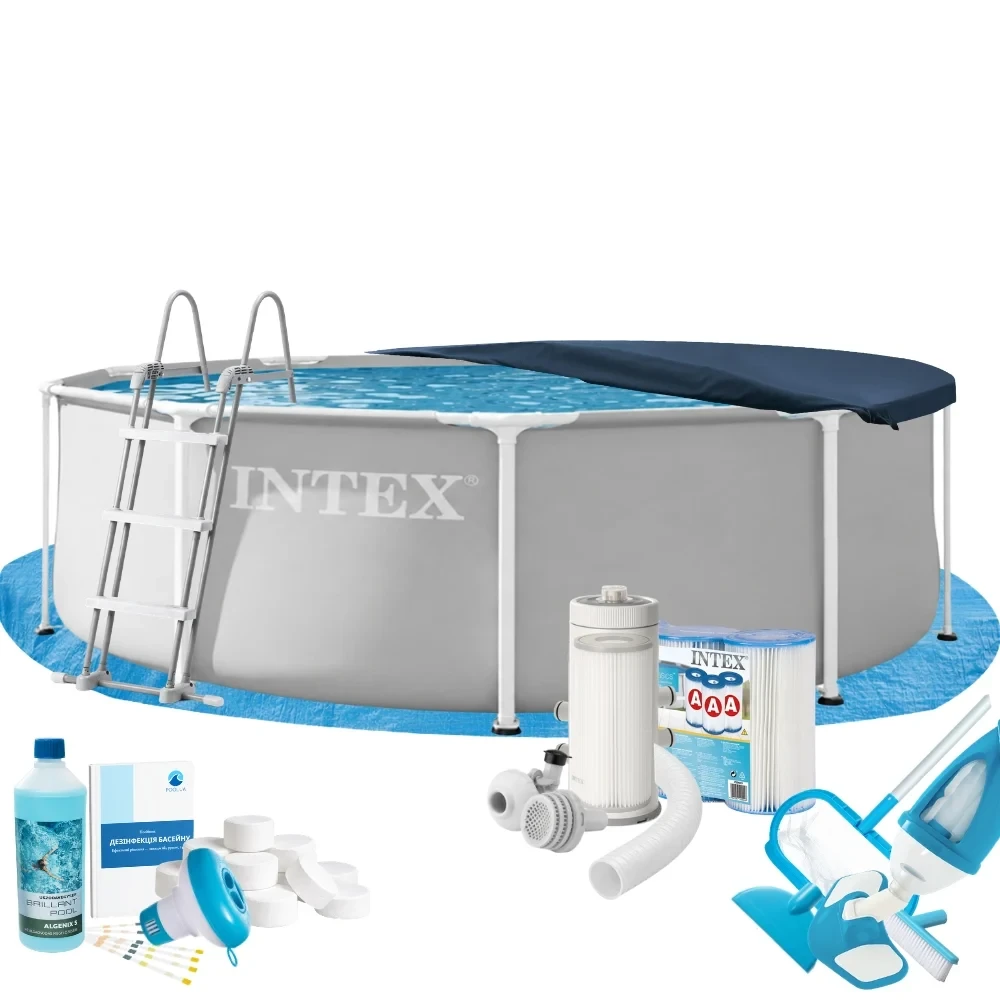 Бассейн каркасный круглый глубокий Intex 26706 10в1 с фильтром химией и аксессуарами 305х99 см Серый (147-9-26706-10 MaxPro)