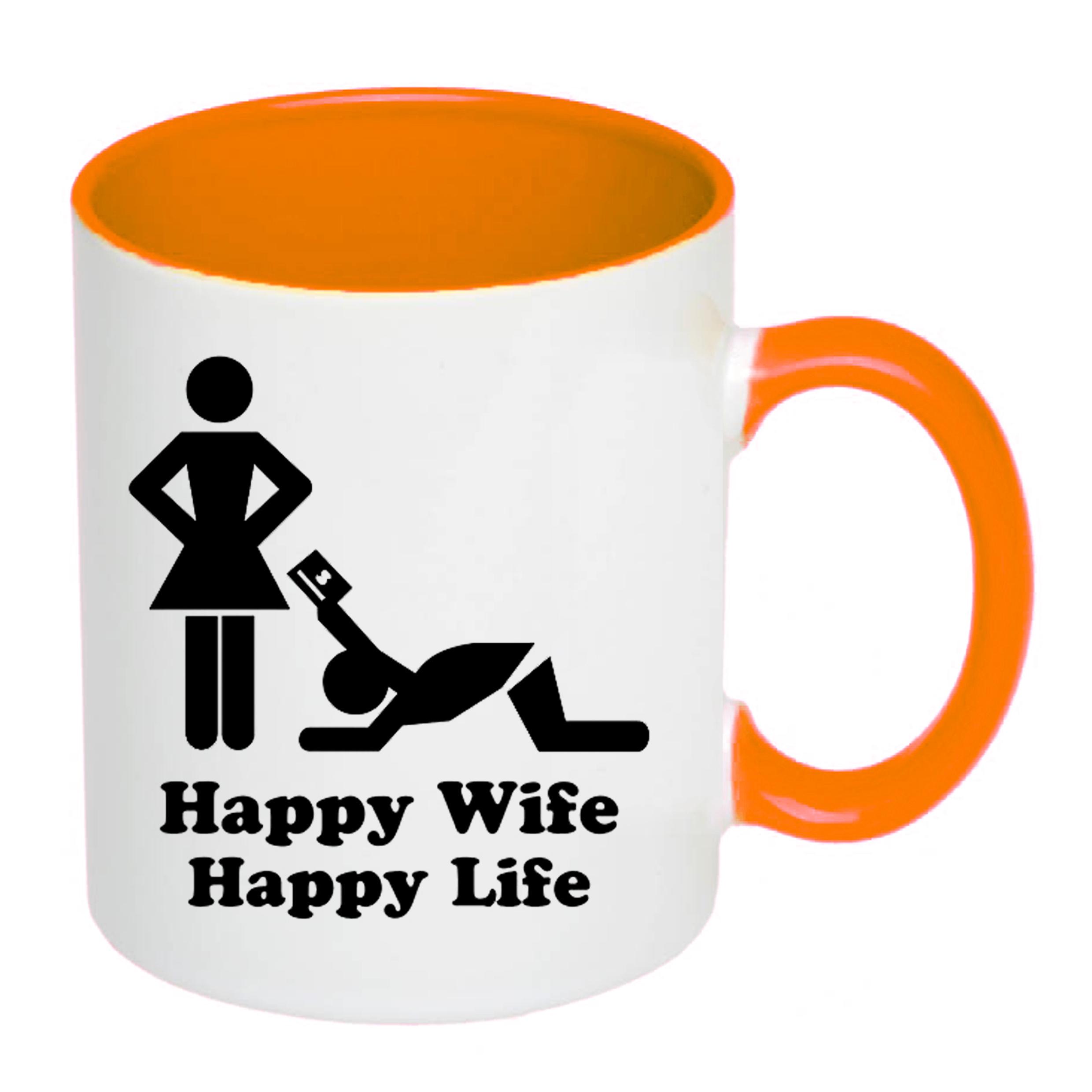 Чашка з друком Happy wife happy life 330 мл Помаранчевий (22720) - фото 2 Чашка з друком Happy wife happy life 330 мл Помаранчевий (22720) - фото 2