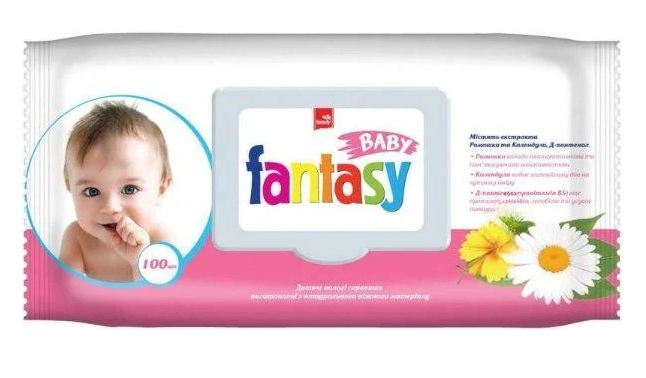 Вологі серветки Fantasy Baby з клапаном з ромашкою/календулою та пантелоном 100 шт. (143056)