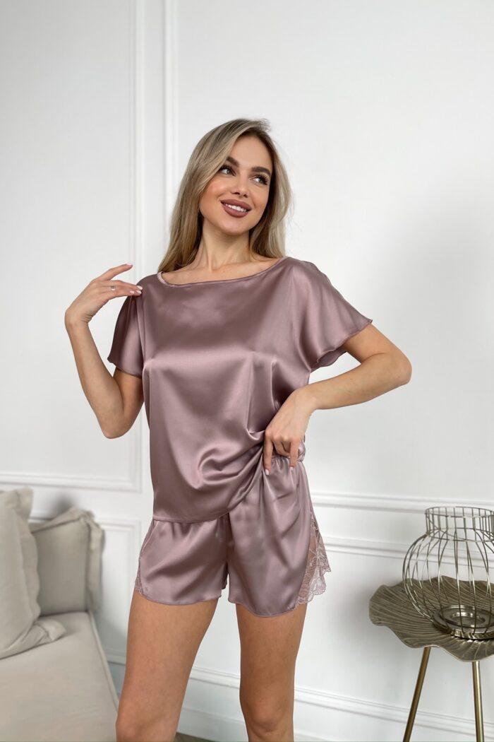 Костюм домашний женский Julia футболка/шорты шелковый XL Шоколадный (6900_48)