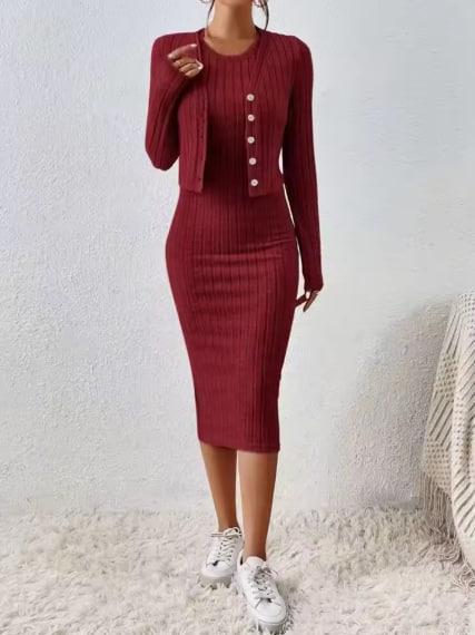 Костюм женский однотонный двойка с длинным рукавом трикотажная майка и платье