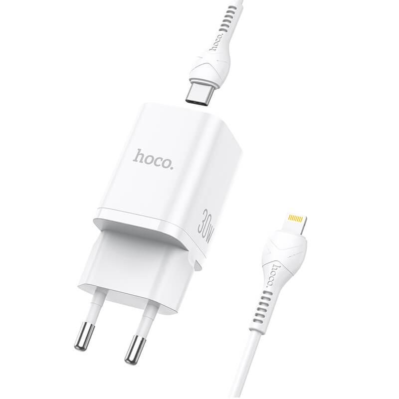 Адаптер сетевой HOCO Type-C to Lightning cable Bright charger set N13 |1USB/1Type-C, QC/PD, 20W, 3A| white