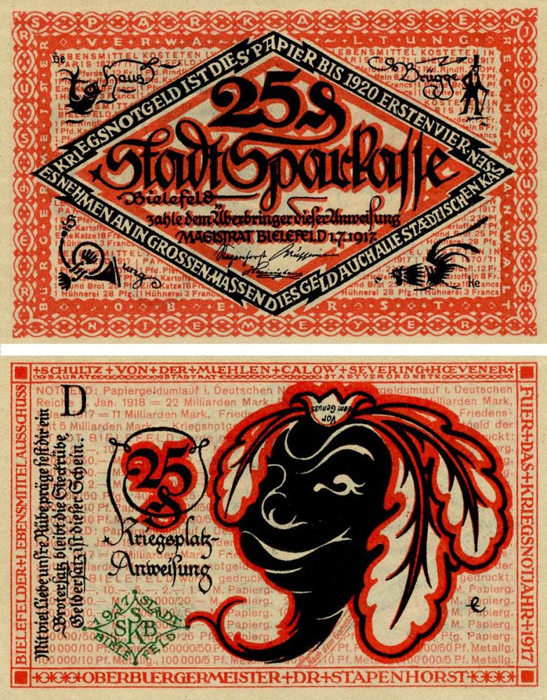 Коллекционная банкнота Германия Нотгельд 25 пфеннигов 1921 F-VF Билефельд (Б18527)