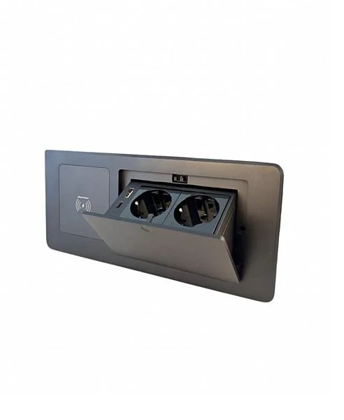 Блок розеток врезной DTC на 2 розетки USB Type C разъемы с подъемной крышкой/беспроводная зарядка Черный