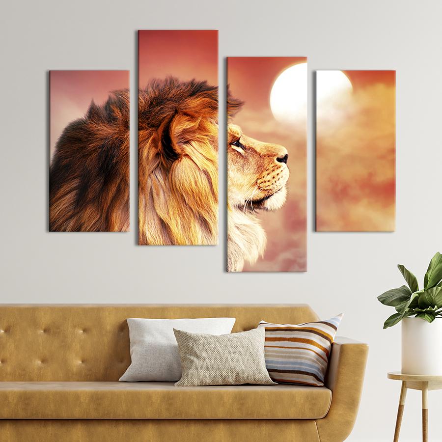Модульная картина из четырех частей на холсте интерьерная картина Лев - король зверей 129x90 см (191-42)