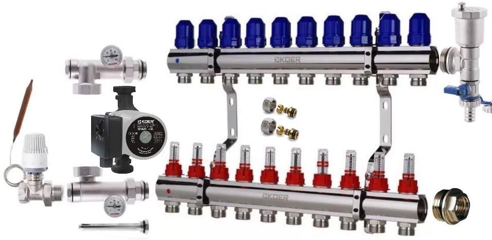 Коллектор для теплого пола KOER 10 контуров комплект прямой (9119898)