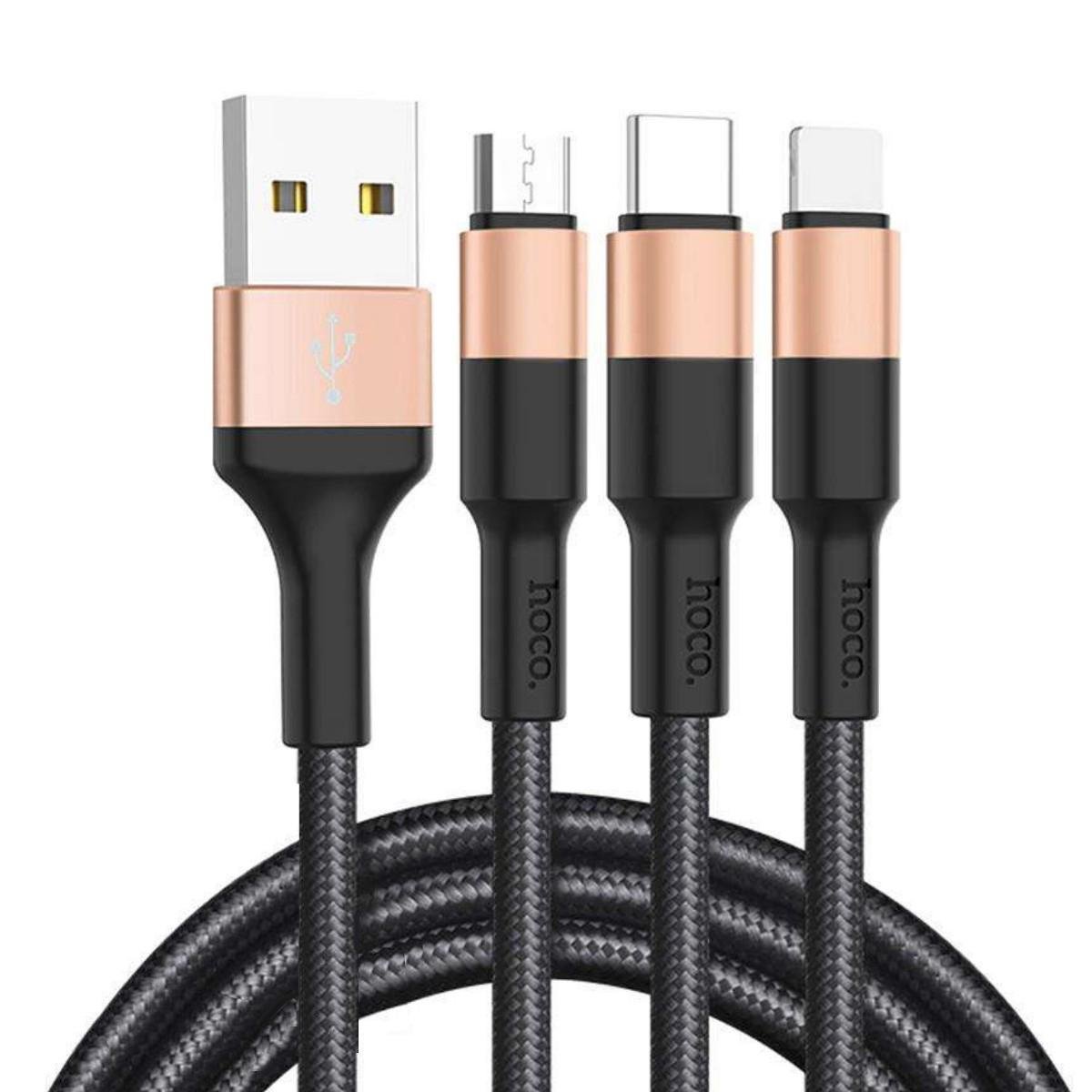 Кабель Hoco X26 Xpress one pull three charging cable lightning+Micro+Type-c Black/Gold