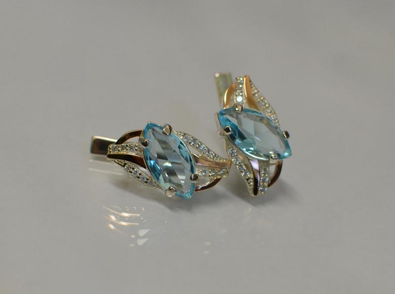 Серебряные серьги Sil с золотыми пластинами 114s-1 Голубой (Sil-833)