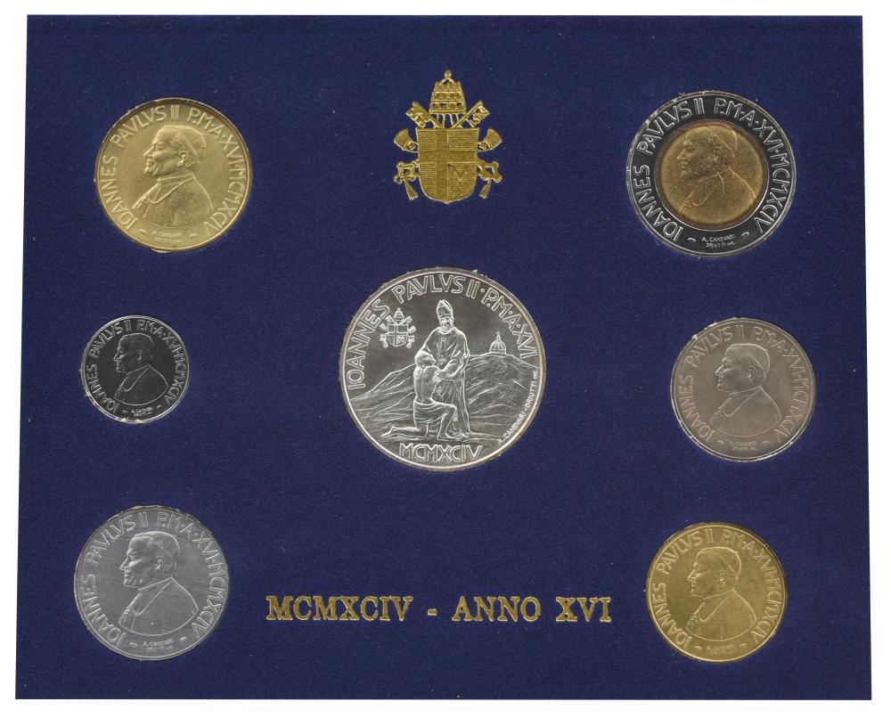 Коллекционные монеты Ватикан 7 шт. 1994 AU-UNC Папа Римский-Иоанн Павел II/16-й год правления (М22374)