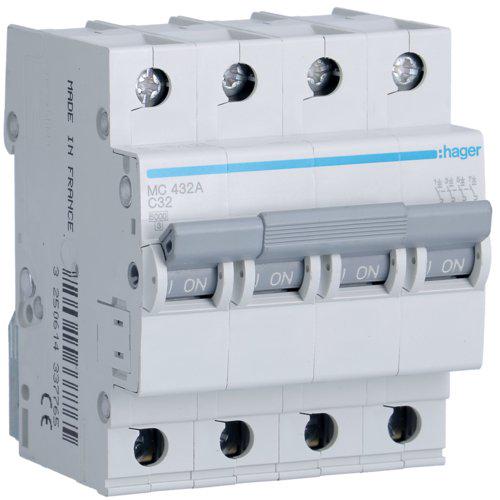 Автоматический выключатель Hager 4P 6 kA C-32A 4M (MC432A)