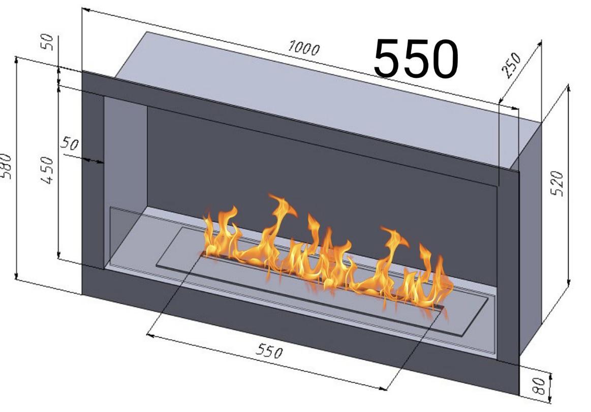 Біокамін вбудований класичний з пальником та захисним склом лінія вогню 550 мм довжина корпусу 1000 мм Чорний (11404307) - фото 15