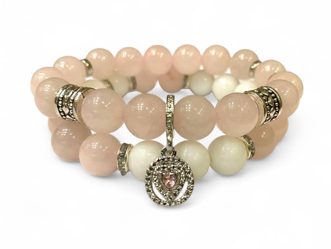 Браслет LITAURS из натурального камня розовый кварц белый агат d 10 мм и металлическими вставками 2 шт. М 15-17 см (250408)