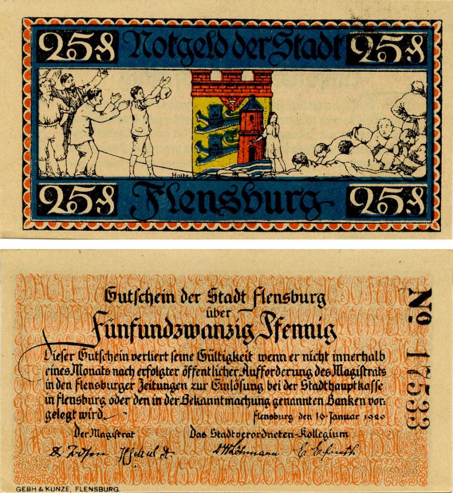 Коллекционная банкнота Германия Нотгельд 25 пфеннигов 1920 F-VF Фленсбург (Б16168)