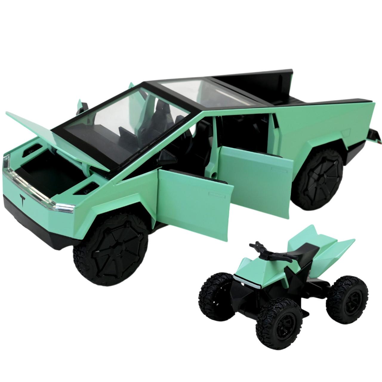 Игрушечная машинка металлическая Автопром Tesla Cybertruck 1:24 с квадроциклом со светом и звуком Зеленый (30101147)