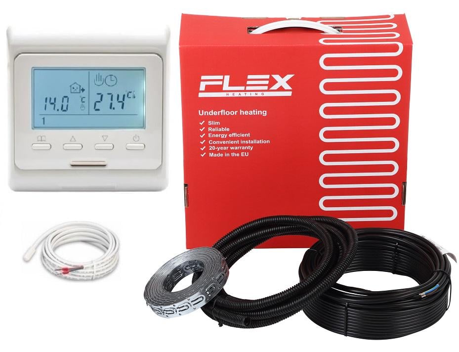 Нагрівальний кабель FLEX 0,5 м²-0,6 м²/87,5 Вт 5 м/17,5 Вт/м з програмованим терморегулятором E51 Нагрівальний кабель FLEX 0,5 м²-0,6 м²/87,5 Вт 5 м/17,5 Вт/м з програмованим терморегулятором E51