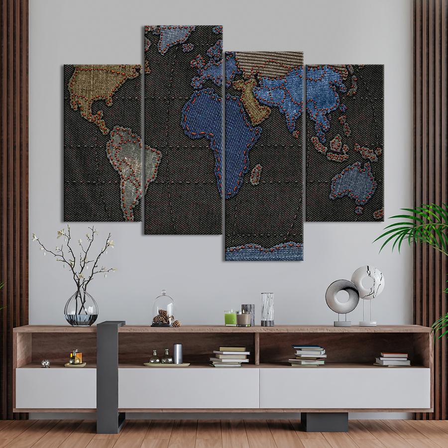 Картина карта Карта мира из джинсовых тканей 129x90 см (A1366-4)