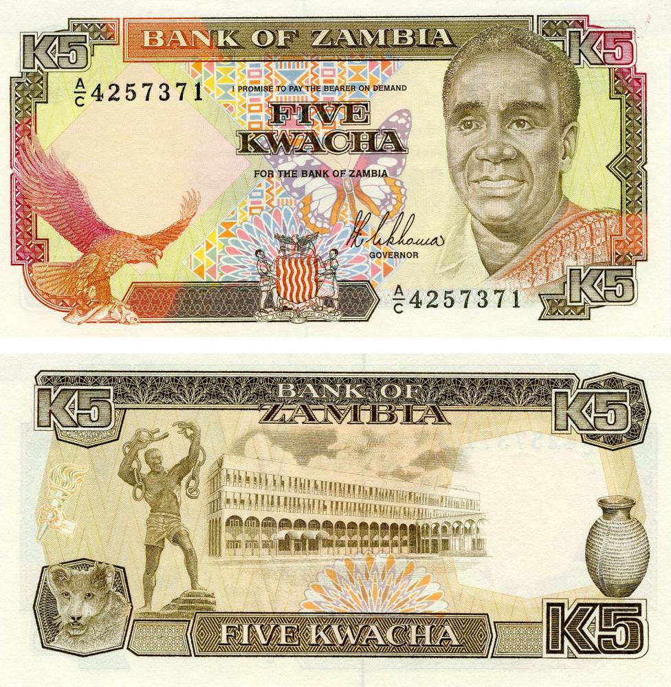 Коллекционная банкнота Замбия 5 квача 1989 UNC P30 (Б13312)